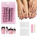 3 x 60Pcs 2-in-1 Press on Nails and Toenails Glossy Black French Tip with Pink Base, 15 Sizes Square Soft Gel Fake Nails, Beginner Friendly Travel Set