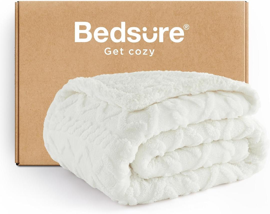Bedsure Gentlesoft Sherpa Fleece Throw Blanket for Couch - Fluffy & Cozy Cable Jacquard Tufted Throw for Women Gift, Thick and Warm Blankets for Winter, Cream, 50x60 Inches