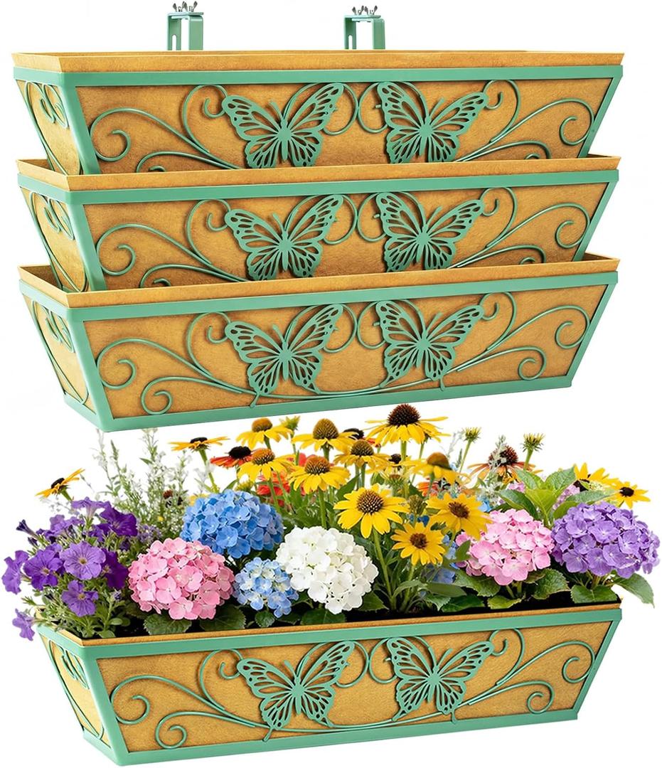 4 Pack 24 Inch Railing Planter Boxes Window Box Planters with Liner | Adjustable Bracket, Heavy Duty Hanging Basket, Metal Butterfly Decor, Retain Moisture Liner, Vibrant Spring Green