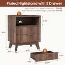 Turosur Fluted Nightstand with Charging Station & 2 Drawers, Walnut