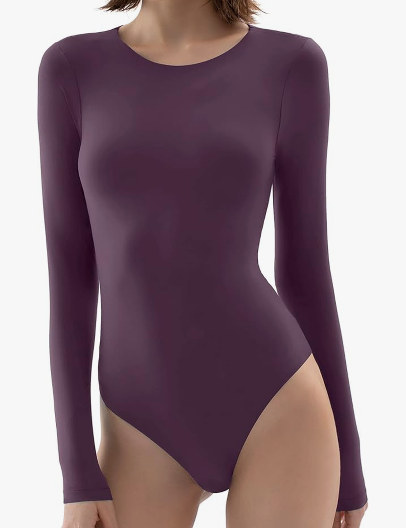 PUMIEY Women's Crew Neck Long Sleeve Bodysuit Second-skin Feel Tops Smoke Cloud Collection M