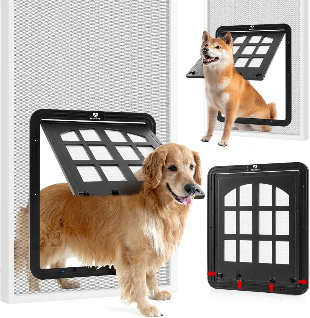 Large Dog Screen Door, 13 x 17 inches Flap Opening Dog Door for Screen Door with 4 Entry Ways, Magnetic Self-Closing Pet Screen Door for Dogs Cats, Black