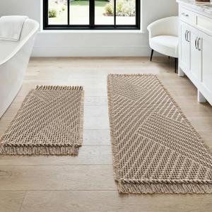 H.VERSAILTEX Waffle Bath Mat Super Absorbent Boho Bath Mat Non Slip Bath Rugs for Bathroom Floor Machine Washable Dry Fast Bathroom Rugs with Tassels (47 x 17 Plus 17 x 24 Inches, Irish Cream)
