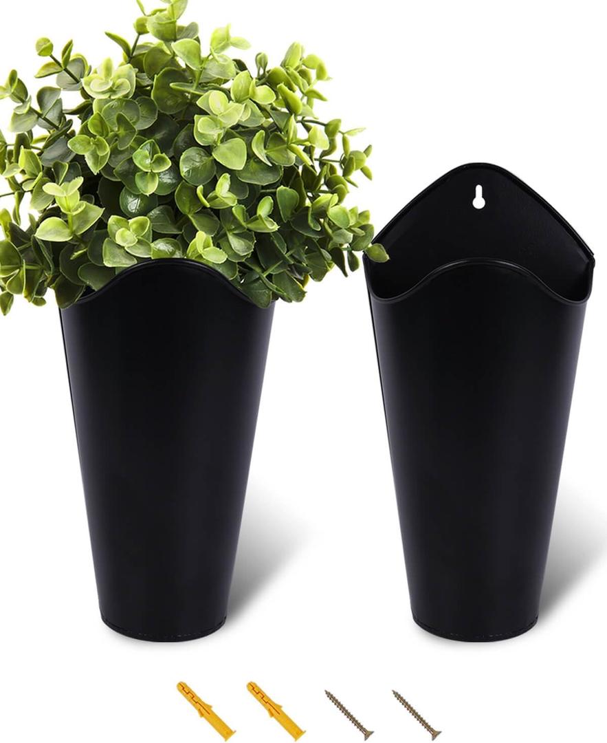 vensovo 12 Inches Galvanized Wall Planters - 2 Packs Metal Tin Vases for Flowers Indoors, Farmhouse Hanging Planter Tall Flower Holder for Country Decor Outdoors, Black