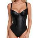 Popilush Leather Corset Bodysuit for Women Tummy Control V Neck Thong Shapewear Sleeveless Going Out Outfits Tank Top Black Body Suit, Small