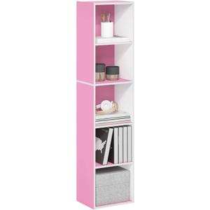 Furinno PASIR Book Shelf, 5-Tier Modern Bookshelf, Open Shelves Bookcase 9 x 12 x 52, for Living Room, Bedroom, Home Office, Pink/White