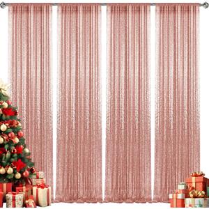 28FT-4PCS Rose Gold Sequin Backdrop Curtains Panels, Photography Backdrop Glitter Curtains Fabric Background for Christmas Wedding Party Decor