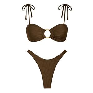 ZAFUL Women's Sexy Tie Spaghetti Strap Bikini Textured O Ring Ruched High Leg Swimsuit Cheeky Bathing Suits (Deep Coffee, L)