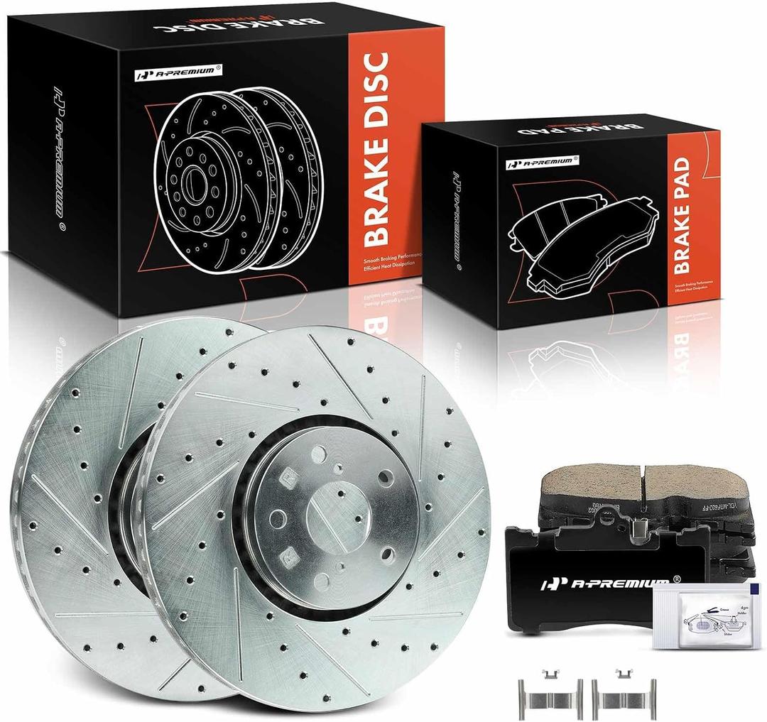 A-Premium 13.15 in (334 mm) Front Drilled and Slotted Disc Brake Rotors + Ceramic Pads Kit Compatible with Select Lexus Models - IS200t 2016-2017, IS300, IS350, GS350, GS430, GS450h, GS460, 6-PC Set