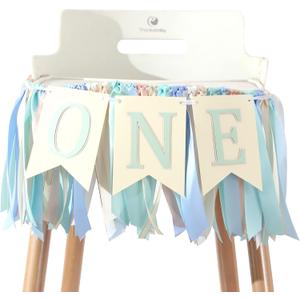 Blue and Green 1st Birthday Banner - Highchair Banner 1st Birthday Boy, Greenery Party Decorations, First Birthday Decorations for Kids, Baby Birthday Party Photo Props(Blue and Green Banner)