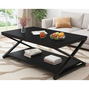 HSH Black Coffee Table Modern, 47 Inch Simple Rectangle Cocktail Table with Storage Display Shelf, 2 Tier Minimalist Industrial Wooden and Metal Center Tea Table for Living Room Office, Black Oak