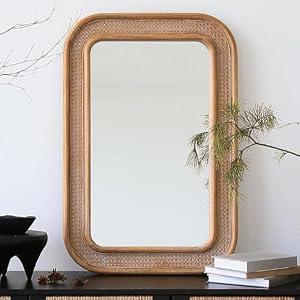 Micasso Handmade Rattan Mirror for Wall: 24"x36" Solid Wood Frame Bamboo Mirror - Distressed Finish Suit for Natural Style - Rustic Shabby Chic Wicker Mirrors for Farmhouse/Entryway for Nature Lovers