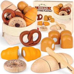 Wooden Play Food Bakery Toy Sets for Kids Kitchen Grocery Pretend Food Accessories Playsets for Toddler 1-3 Ages 4-8 Birthday Gift for Boys Girls Educational Toys