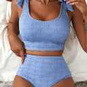 Herseas Women 2 Piece High Waisted Bikini Sets Seashell Textured Tie Strap Swimsuits Bathing Suit Beach Summer Outfits (Blue, L)