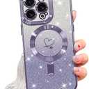 NITITOP Compatible with iPhone 12 Pro Case Cute Clear Glitter [Compatible for MagSafe] Plating Heart Sparkle Bling Magnetic Girl Women Electroplated Frame Camera Protection Back Cover - Purple