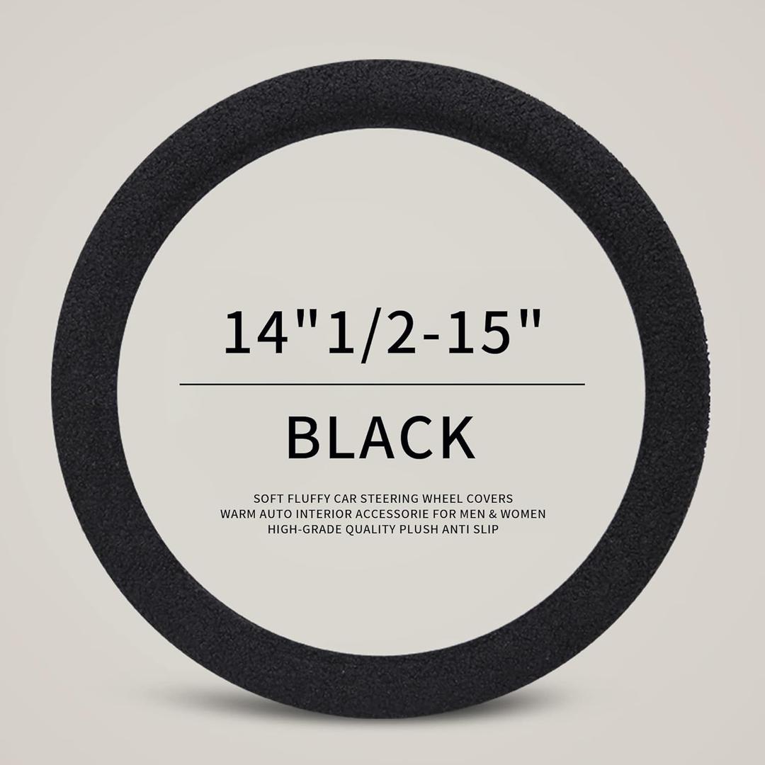 Furry Winter Car Steering Wheel Cover for Women, Soft Fleece Short Plush Warm Universal Auto Accessories for Vehicle, Sedan, Fuzzy, Anti Slip, Black, Standard Size, 14.75-15.15in