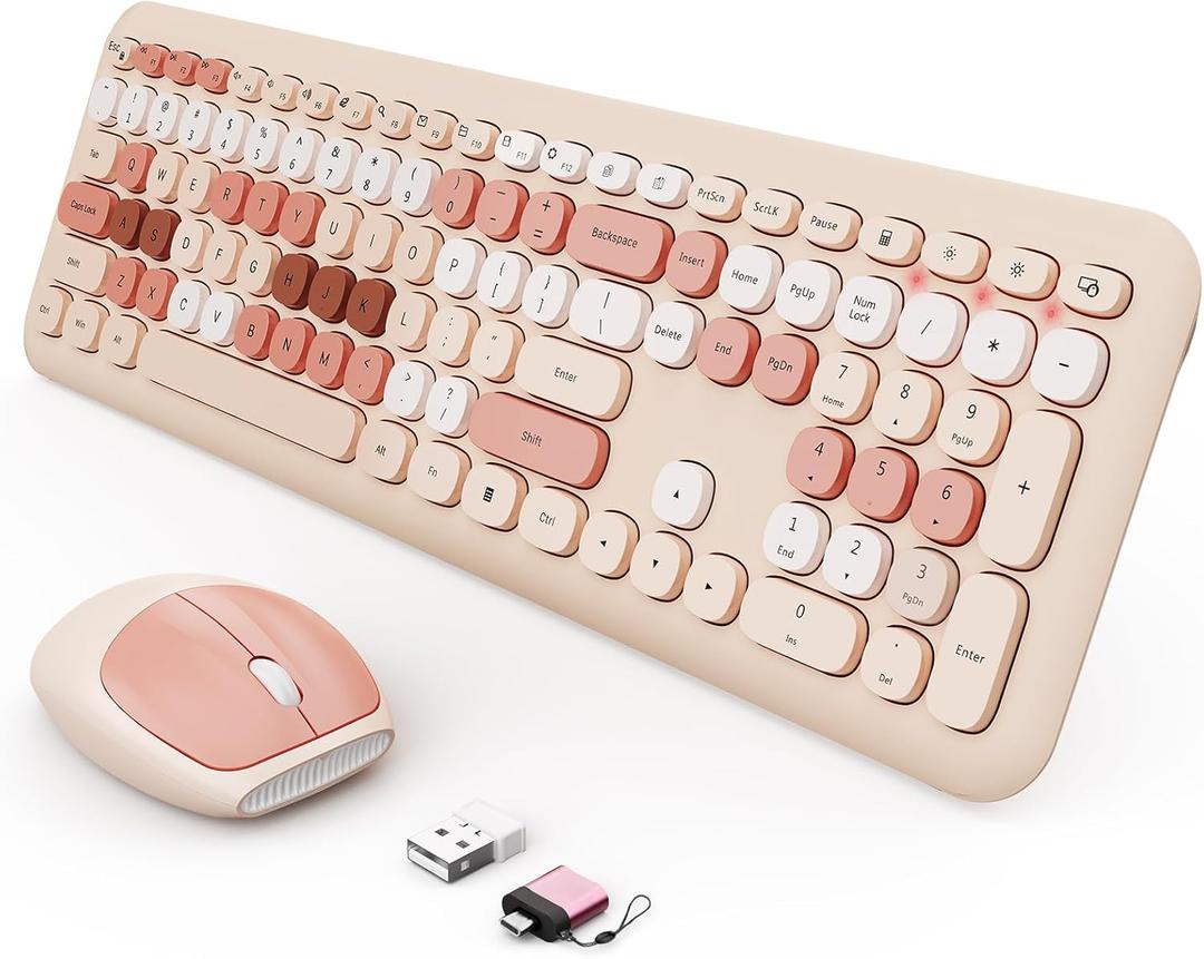Wireless Keyboard and Mouse Combo, Colorful Ergonomic Full Size Retro Low-Noise Keyboard with Cute keycaps, Compatible with Windows, PC, Perfer for Home and Office Keyboards (Brown)