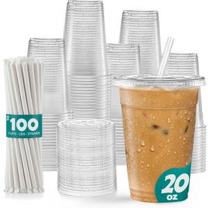 GUSTO [20 oz - 100 Sets Clear Plastic Cups with Lids and Straws Disposable Iced Coffee Cups for Cold Drinks, Smoothies, Boba, and To-Go Beverages Sturdy, Easy-to-Separate