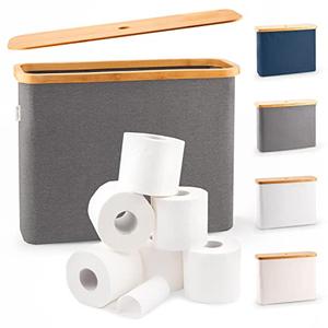 LONBET Toilet Paper Storage for 12 Rolls, Stackable & Foldable - The Ultimate Bathroom Organizer - Waterproof Basket with Bamboo Lid - Elegant Toilet Paper Storage Holder, Gray