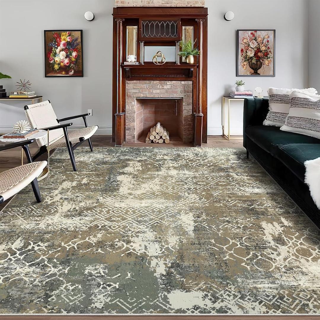 COZYLOOM Washable Area Rug 9x12 Non Slip Ultra Soft Modern Distressed Carpet for Living Room Low Pile Foldable Geometric Accent Throw Rug Stain Resistant Indoor Rug for Home Office, Camel/Green