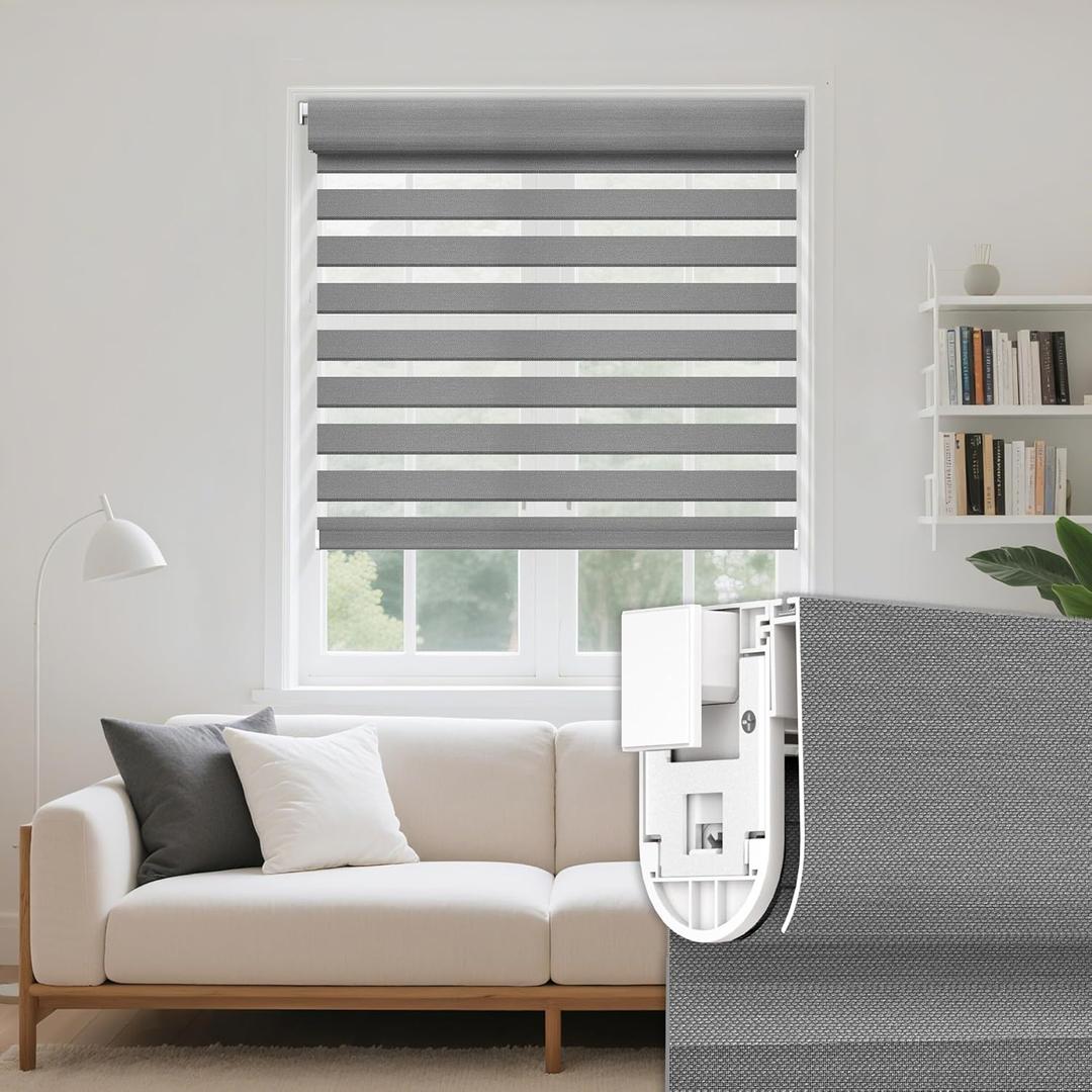 Grandekor No Drill Zebra Blinds for Windows,Cordless Zebra Shades Dual Layer, Pull Down Roller Shades Free-Stop,Custom Sizes,Textured Grey,Easy to Install for Home, Office, Bedroom