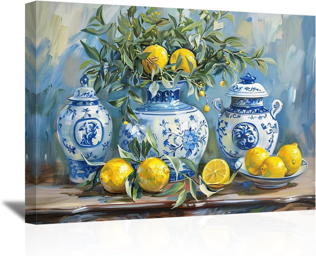 SWQYLB Lemon Wall Art Kitchen Picture Vintage Citrus Fruit Canvas Prints Yellow Lemon with Pottery Blue Classical Painting Rustic Farmhouse Decor Framed (Blue, 12.00" x 18.00")