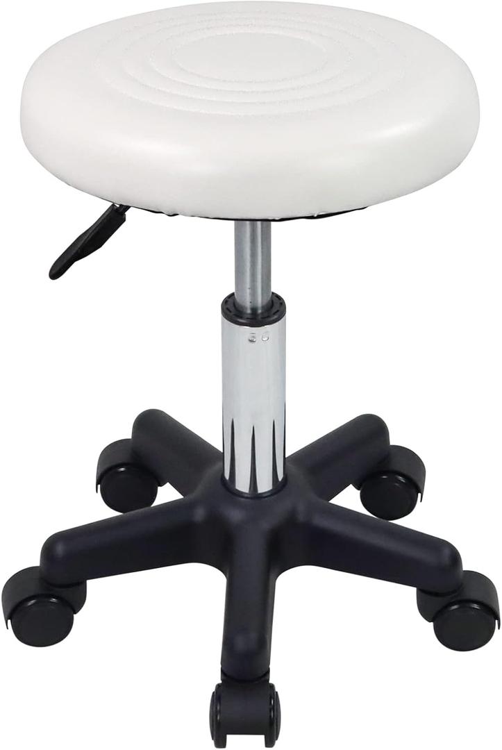 FURWOO Round Swivel Stool with Wheels PU Leather Rolling Stool Height Adjustable for Spa Salon Massage White