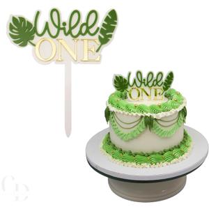 Wild One Acrylic Cake Topper, Double Layer Design with Tropical Leaves, White and Green with Gold Letters, 6.2 x 5.5 Inch