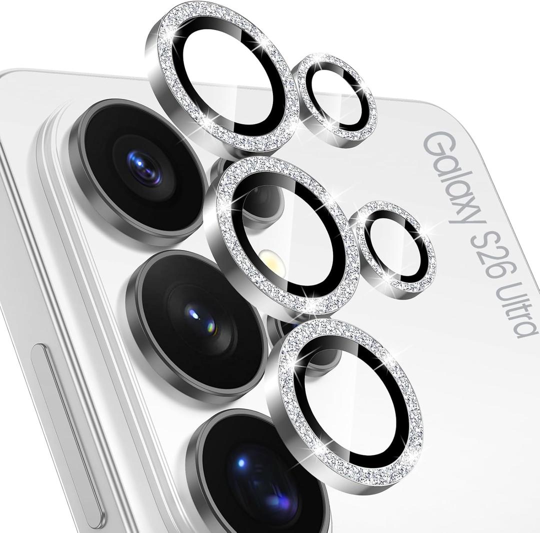 Tensea (3+2PCS Compatible with Samsung Galaxy S26 Ultra Camera Lens Protector, 9H Tempered Glass Camera Cover Screen Protector Metal Individual Ring [Installation Tray][Case Friendly] (Glitter Whitesilver)