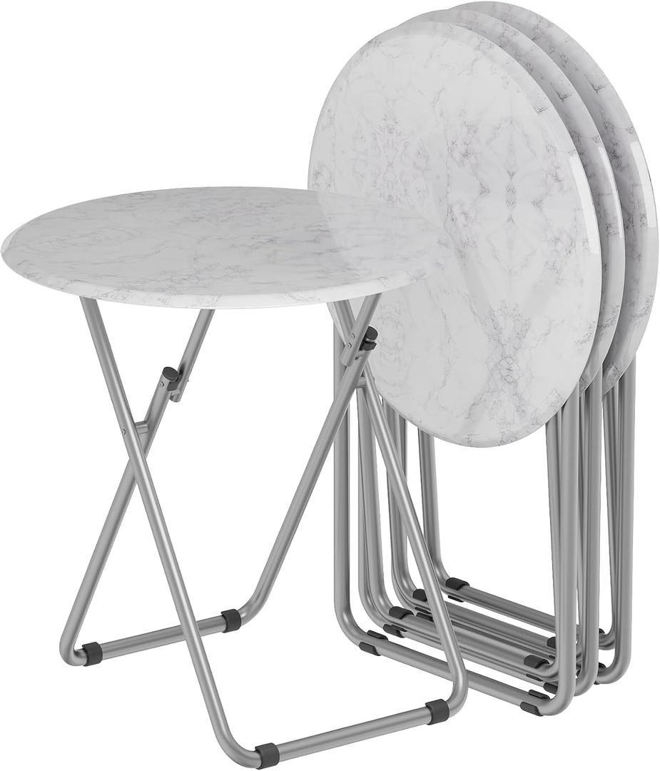 TV Trays Table Set of 4 Round Portable Folding TV Tray Table TV Dinner Tray with Sturdy MDF, No Assembly Required, 17.5 x 17.5 x 26 in (White Marble, 4Pcs)