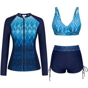 JASAMBAC Women 3 Piece Rash Guard Long Sleeve Zip Up Swimsuits with Boyshort UV UPF 50+ Swim Shirt Built in Bra