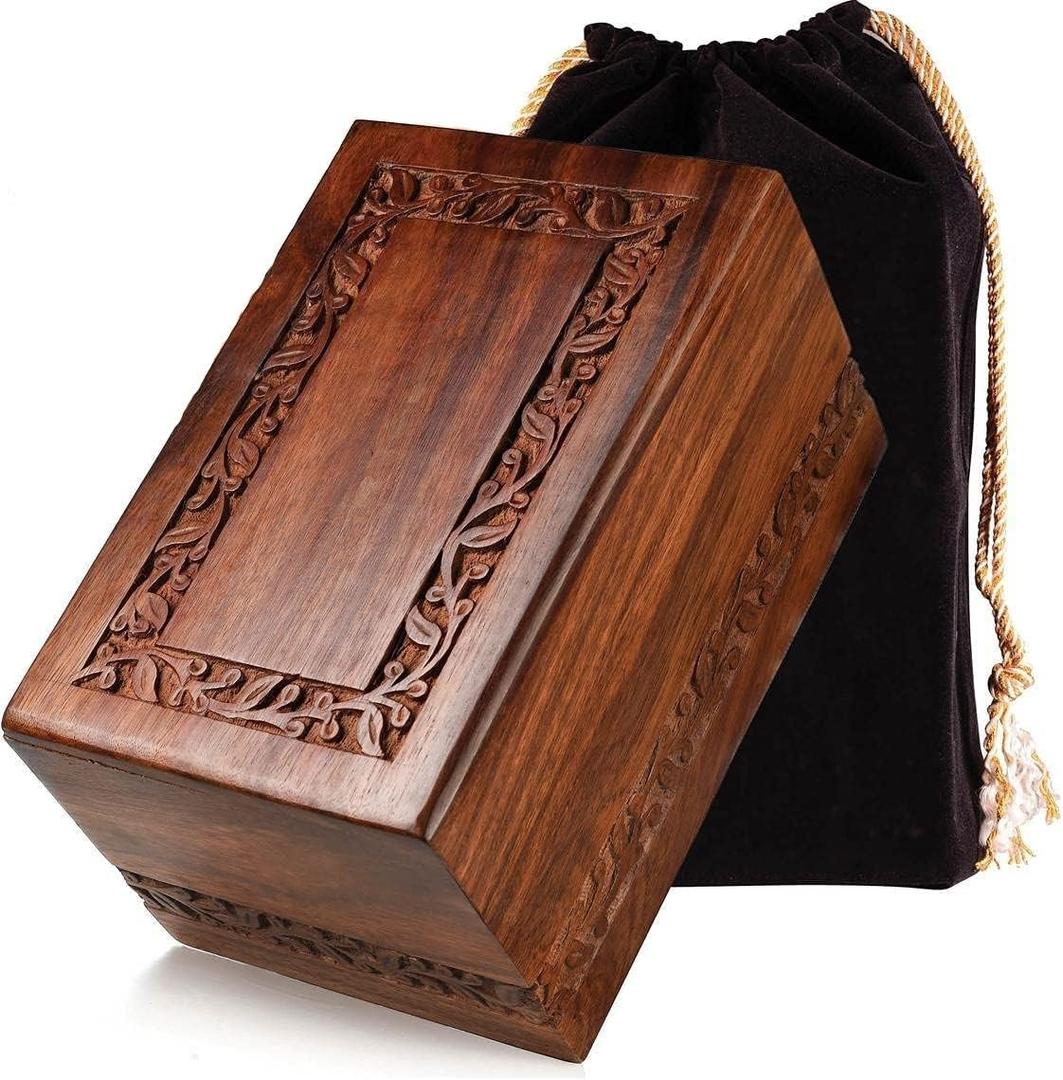 Handcrafted Rosewood Wooden Urn for Human Ashes Adult 200 Cubic Inch Capacity Engraved Border Funeral Urn for Ashes Memorial Keepsake Box