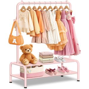 mirolam Kids Clothing Rack - Dress Up Storage - Dress Up Rack for Little Girls - Small Kids Costume Wardrobe with 2 Fabric Shelves - Princess Room Bedroom Decor