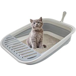 Collapsible Kitten Litter Box, 17.7 x 13.4 x 5 inch Open Cat Potty Pan with Scoop Foldable Shallow Cat Toilet Anti-Splashing Low Entrance Travel Litter Box with Falling Sand Pedal Grey