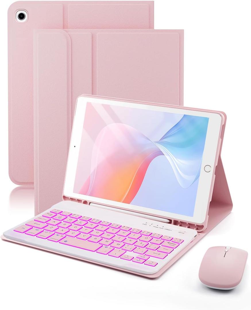 for iPad mini 5 (2019) & Mini 4 (2015) Case with Keyboard for iPad mini 5th 4th Generation 7.9" - 7 Colors Backlit Keyboard Case - Built in Pencil Holder with Mouse - Pink