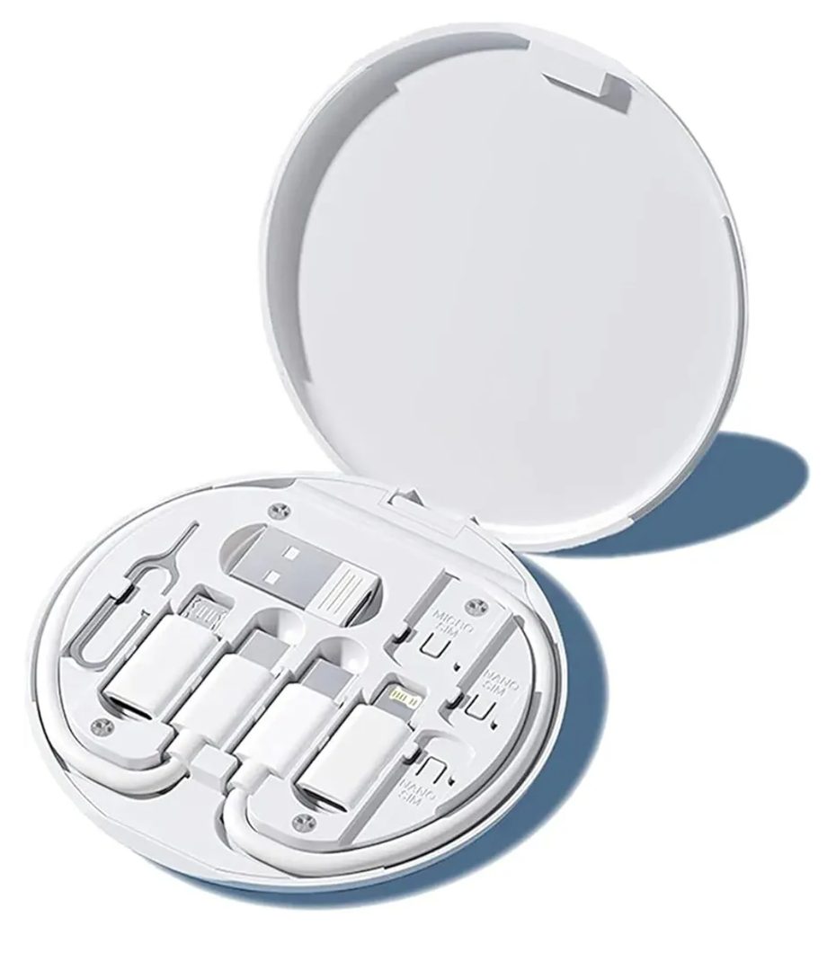 evron USB Adapter Multi Charging Cable Case 2pc Set, Micro USB Cable Gadgets Box with Phone Kickstand, USB C to Micro USB, Type C to iOS Device,Data Transfer,SIM Card Pin (White(Disc+Mirror))