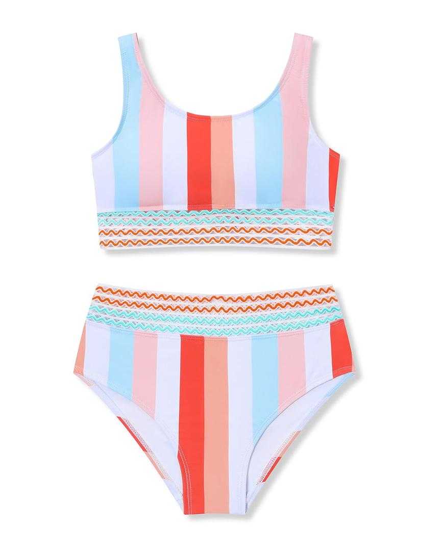Kxuryueo Girls' Swimsuits Striped Bikini Set Two Piece Bathing Suit Adjustable Straps Swimwear with Chest Pad Size 9 10