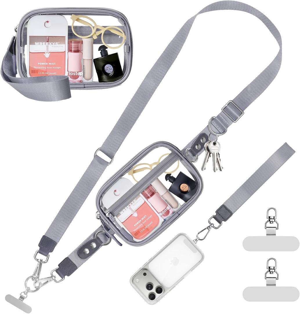 Tiostep Clip and Go Strap for Phone with Wallet Crossbody Phone Lanyard Adjustable and Detachable Clear Bag with Zipper Pouch for Stadium Events and Concert (Gray, S)