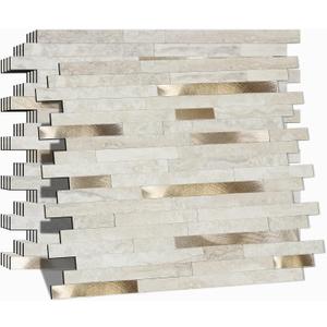 Peel and Stick Backsplash for Kitchen, Self-Adhesive Metal Gold Beige Marble Subway Tiles Decorate Kitchens Bathrooms Laundry Fireplaces, 10-Sheets