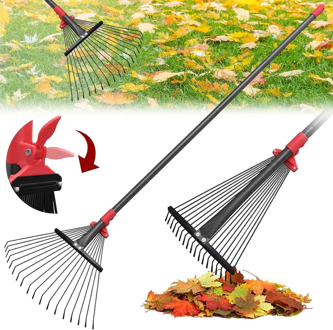 91Inch Adjustable Metal Leaf Rake, 18 Metal Tines Heavy Duty Leaves Rake for Lawns with 8-18" Expandable Head Long Handle Garden Rakes for Women Kids Leaves Yard Gardening Grass Outdoor Camping Debris
