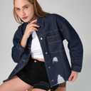 roswear Women's Denim Jacket Oversized Long Sleeve Shacket Shirts Distressed Jean Jackets Fall Outfits (Medium, Navy Blue)