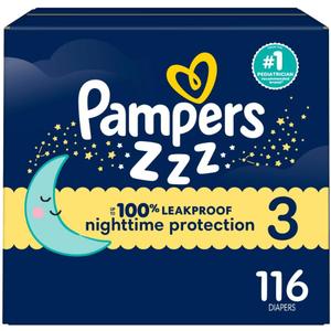 Pampers ZZZ Overnight Diapers, Size 3 (16-28 lbs), 116 Count, Nighttime Protection Disposable Baby Diaper, Night Time Leak and Skin Protection