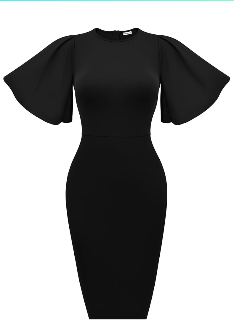 Memoriesea Women's Basic Bodycon Ruffle Flared Short Sleeve Pencil Midi Dress, XL