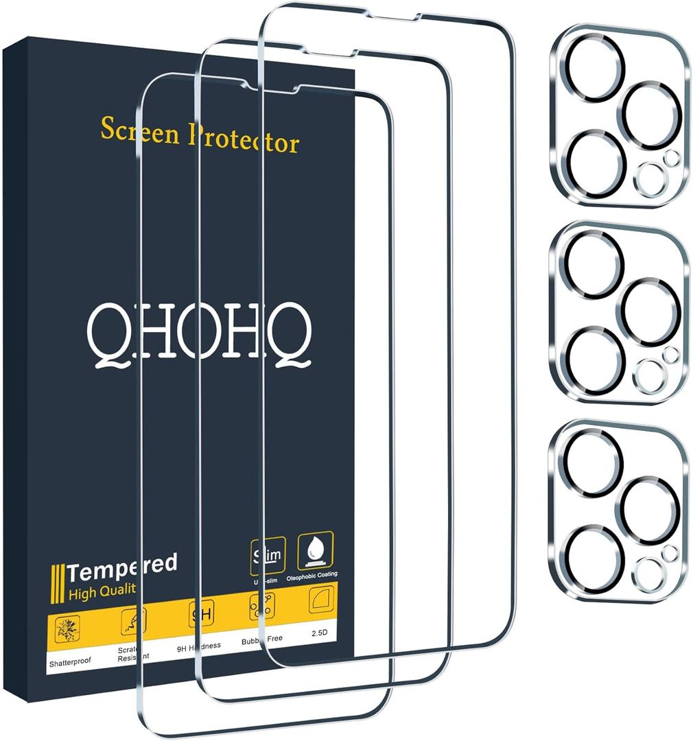 QHOHQ 3 Pack Screen Protector for iPhone 13 Pro 6.1 Inch with 3 Pack Tempered Glass Camera Lens Protector, Ultra HD, 9H Hardness, Scratch Resistant - Case Friendly [Not fit iPhone 13 Pro Max 6.7"] (Transparent)