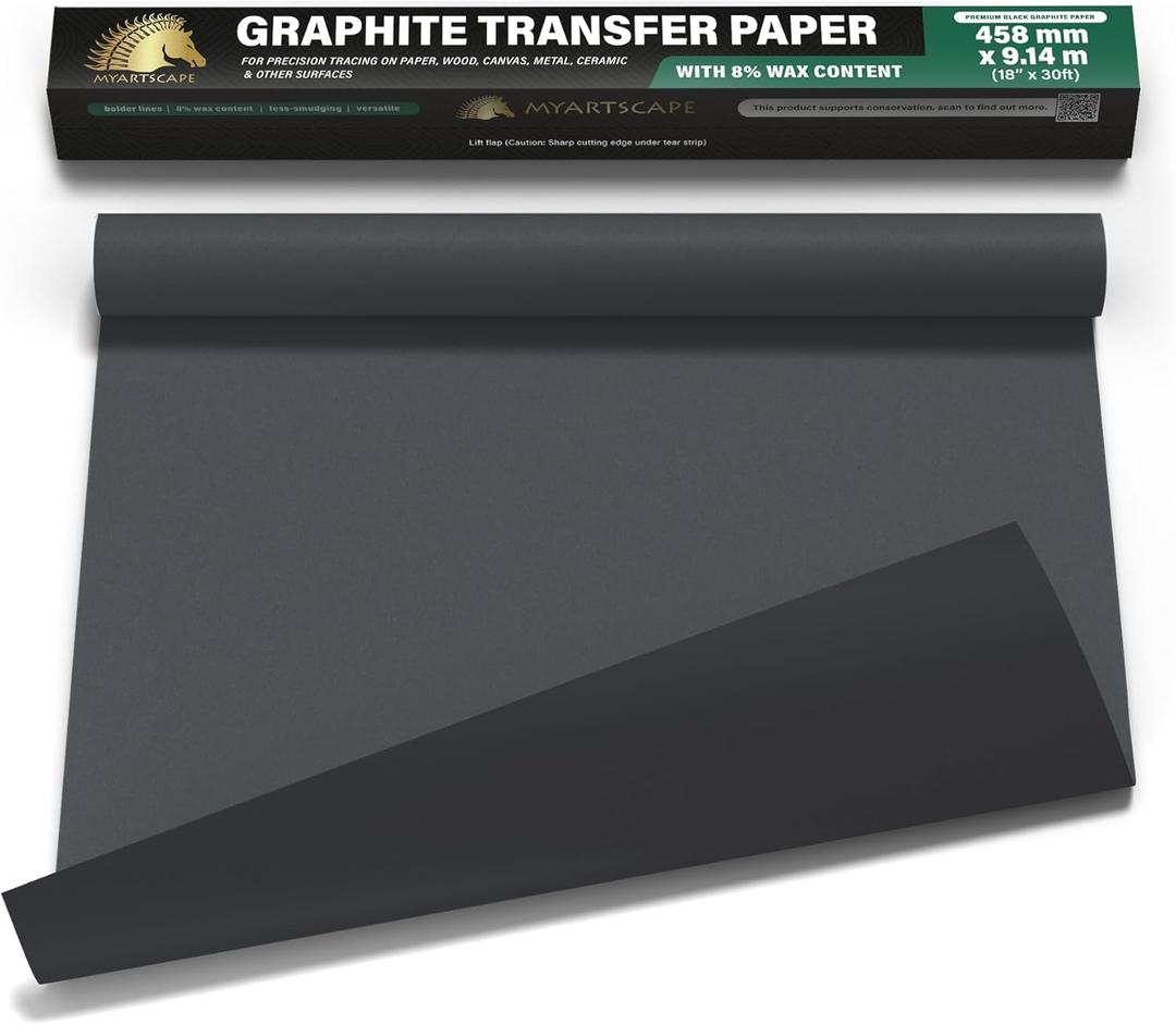 MyArtscape Graphite Transfer Paper Roll - Black Waxed Carbon Paper 18" x 30ft Transfer Paper Roll, Graphite Paper, Precise Carbon Paper Ideal as tracing Paper for Drawing (18" x 30ft)