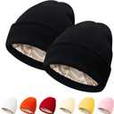 PFFY 2 Packs Womens Satin Lined Beanie Hat Silk Lining Winter Hats Beanies for Women Soft Slouchy Beanie Skull Cap (One Size, Black+Black)