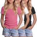LessonZoo 3 Pack Girls Shirts Scoop Neck Ribbed T Shirts Teens Short Sleeve Slim Fit Summer Tees for Kids Age 5-14(Peach, White, Black,11-12 Years) (White)
