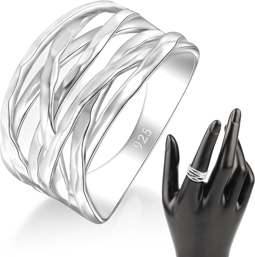 MINDDHA Overlapping Rings for Women - Designer Criss Cross Rings - 925 Sterling Silver Wide Band Ring, Criss Cross Silver Rings for Women - Made in Israel Jewelry, 12mm Width - in Sizes 4-12