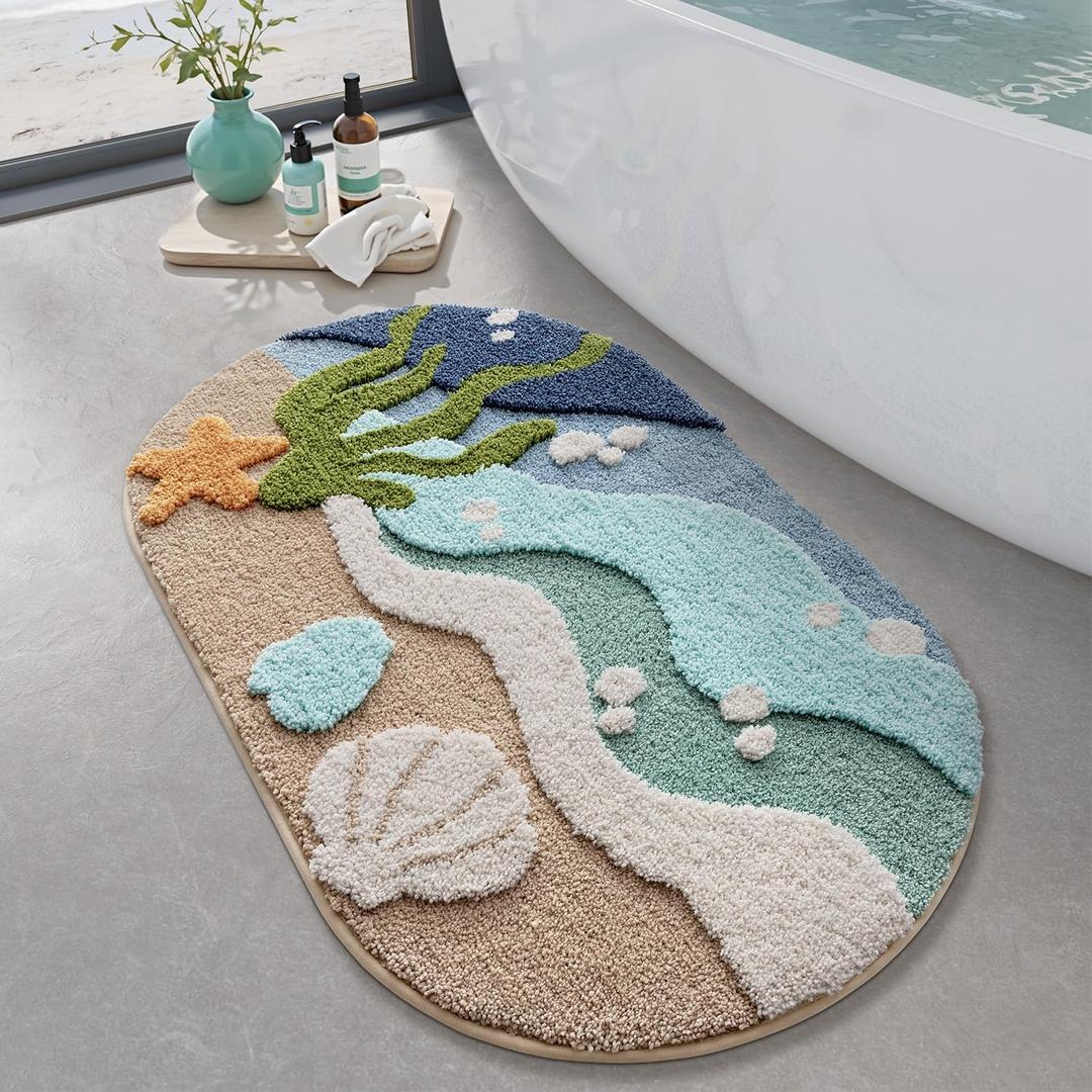 LUMI Beach Bathroom Rugs, Non Slip Bath Mat Ultra Soft Washable Absorbent Quick Dry, Ocean Sea Theme Bath Rug with Starfish Shell for Shower Floor, Kitchen Decor, Kids Room, 22"x34" (Cozy Coast)