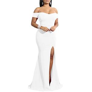 YMDUCH Women's Off Shoulder High Split Long Formal Party Dress Evening Gown White, Large